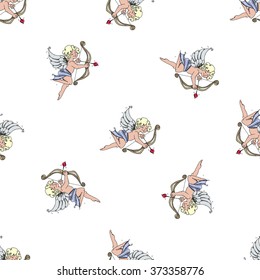 Seamless pattern with funny cupid angel. White background. Vector illustration