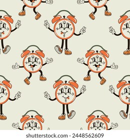 Un patrón sin fisuras con un divertido y lindo personaje despertador en una Ilustración vectorial de estilo groovy