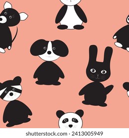 seamless pattern with funny cute animals (cat, hare, dog, mouse on panda) in black and white color on light coral background. vector graphics