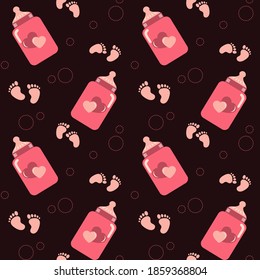 Seamless pattern with funny and cute baby feet, baby bottles and bubbles. Colored decorative endless vector illustration