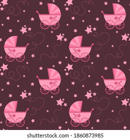 Patrón sin foco con carruaje y estrellas graciosas y lindas. Ilustración vectorial interminable decorativa de color