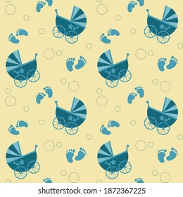 Patrón sin foco con un lindo y divertido carro de bebé, pies de bebé y burbujas. Ilustración vectorial interminable decorativa de color