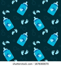 Seamless pattern with funny and cute baby bottles, baby feet and bubbles. Colored decorative endless backdrop vector illustration	