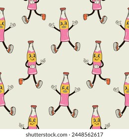 A seamless pattern with a funny cute a bottle of soda character in a groovy style vector illustration