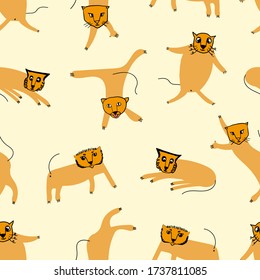Seamless pattern with funny cute cats print. Isolated animals on the yellow background. Characters in different poses. Vector seamless pattern design for kids. Design textile, fabric, wallpaper.