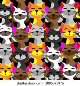 Seamless pattern of funny cute cats of different colors on a dark background