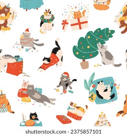 Seamless pattern of funny cute cats celebrating Christmas and New Year. Background of feline pets with Christmas decorations and ornaments. Vector flat design for holiday print