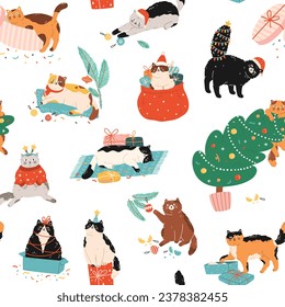 Seamless pattern of funny cute cats celebrating Christmas and New Year. Background of feline pets with Christmas decorations and ornaments. Vector flat design for holiday print