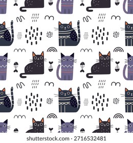 Patrón sin fisuras con gatos lindos divertidos. Ideal para tela, textil, envoltura, Fondo de pantalla. Ilustración vectorial