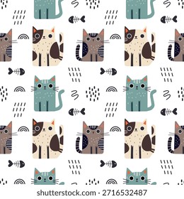Nahtloses Muster mit lustigen süßen Katzen. Ideal für Stoff, Textil, Verpackung, Tapete. Vektorgrafik