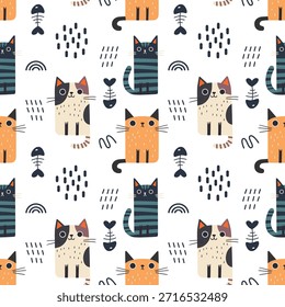 Seamless pattern with funny cute cats. Great for fabric, textile, wrapping, wallpaper. Vector Illustration