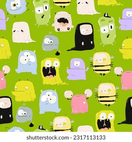 Seamless Pattern with Funny and Cute Colourful Monsters for Halloween on Green Background