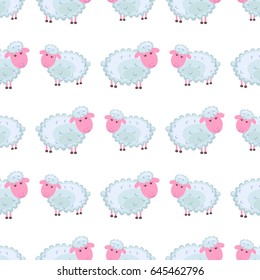 Seamless pattern of funny cute curly lamb or sheep flat vector cartoon sticker outlined with dotted line isolated on white background. Domestic animal or pet illustration for game counters, price tags