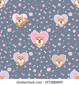 Seamless pattern with funny cute dogs, paws, hearts, flowers and bones. The pattern is separated from the background.
