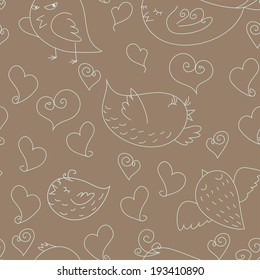 Seamless pattern with funny cute drawn by hand birds