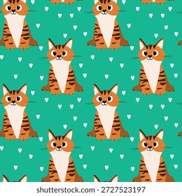 Patrón sin fisuras con gatitos lindos divertidos. Diferentes gatos sobre fondo de color. Impresión de moda para niños, textura infantil. Ilustración vectorial para tela, textil, Fondo de pantalla, ropa para el hogar, pijama.