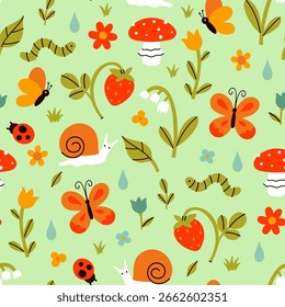 Seamless pattern with funny cute little creatures. Vector graphics.