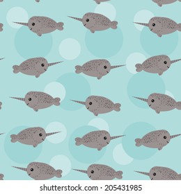 Seamless pattern with funny cute narwhal animal on a blue background. Vector
