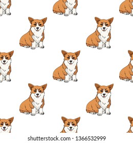 Seamless pattern with funny cute pembroke welsh corgi for your design. Endless texture with cartoon dogs on white background