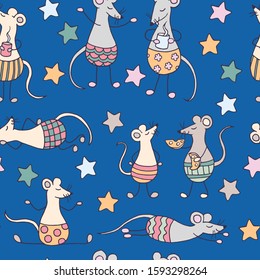 Seamless pattern with funny cute rats and mice and colorful stars on blue background, symbol of 2020, for cover design, packaging, textile print