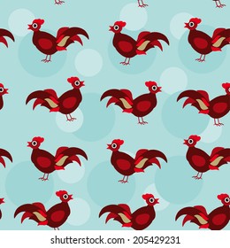 Seamless pattern with funny cute rooster bird on a blue background. Vector