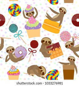 seamless pattern funny and cute smiling Three-toed sloth collection with pink cake pops, donut, lollipop, coffee, waffle, macaroon, sprinkles on white background. Vector
