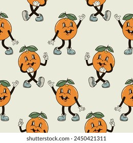 A seamless pattern with funny, cute and smiling orange character in a groovy style vector illustration
