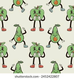 Un patrón sin fisuras con divertido, lindo y sonriente personaje de manzana y aguacate en un estilo groovy