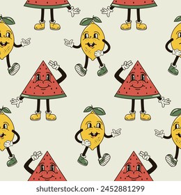 A seamless pattern with funny, cute and smiling lemon and watermelon character in a groovy style vector illustration