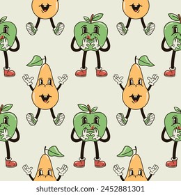 A seamless pattern with funny, cute and smiling apple and pear character in a groovy style vector illustration