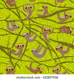 seamless pattern funny and cute smiling Three-toed sloth on green branch tree creeper, green trendy background. Vector