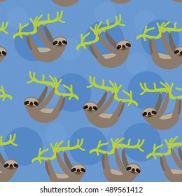 seamless pattern funny and cute smiling Three-toed sloth on green branch tree creeper, blue trendy background. Vector