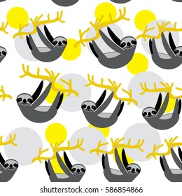 seamless pattern funny and cute smiling Three-toed sloth on branch tree creeper, mustard yellow gray trendy background. Vector illustration