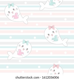 Seamless pattern with funny cute white seals animal with heart.  Vector illustration