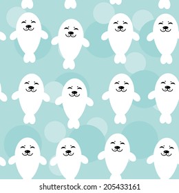 Seamless pattern with funny cute white seals animal on a blue background. Vector