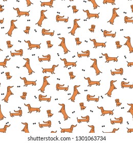 Seamless pattern with funny dachshunds and paw.