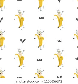 Seamless pattern with funny dancing bananas in glasses on a white background. Cute vector illustration.