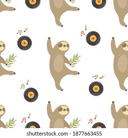 Seamless pattern with funny dancing sloths. Animal character design for posters, prints, apparel, birthday cards