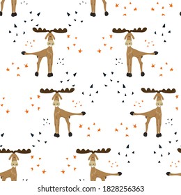 Seamless pattern with funny deer in a cheerful pose. Hand drawn adorable deer with a raised paw. Cute animal push something with its paw. Cartoon vector illustration on white background