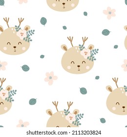Seamless pattern with funny deer head and flowers on white background for fabric textile, print, wallpaper