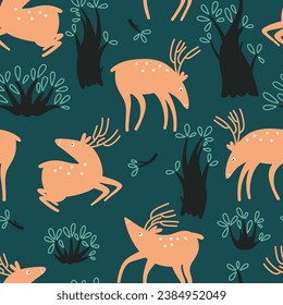 Seamless pattern with funny deer in the wood on a green background. Vector illustration in Scandinavian style. Perfect for textile, wallpaper or print design.