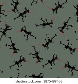 Seamless pattern with funny devils or demons with protruded tongues.