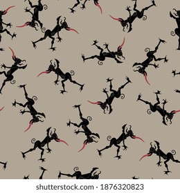 Seamless pattern with funny devils or demons with protruded tongues.