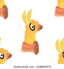 Seamless pattern of funny, funny, different llamas. Vector illustration in cartoon style for stickers, printing on textiles. Baby clothes. A lama with glasses and a hat.