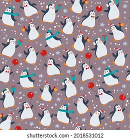 Seamless pattern with funny different penguin characters in hats with balloons isolated. For Christmas cards, invitations, packaging paper etc. Vector flat cartoon illustration.