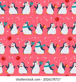 Seamless pattern with funny different penguin characters in hats with balloons isolated. For Christmas cards, invitations, packaging paper etc. Vector flat cartoon illustration.