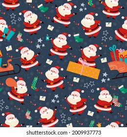 Seamless pattern with funny different Santa Claus characters with gifts, stocking, presents bag, sleigh. For Christmas cards, invitations, packaging paper etc. Vector flat cartoon illustration.