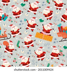 Seamless pattern with funny different Santa Claus characters with gifts, stocking, presents bag, sleigh. For Christmas cards, invitations, packaging paper etc. Vector flat cartoon illustration.