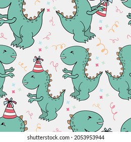 Seamless Pattern with Funny Dino, Birthday or Baby Shower, Vector Illustration