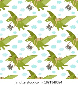 Seamless pattern with funny dinosaur or pterodactyl. Beautiful print for home decor, textile, packaging, wrapping paper etc. Vector illustration for children in scandinavian style.